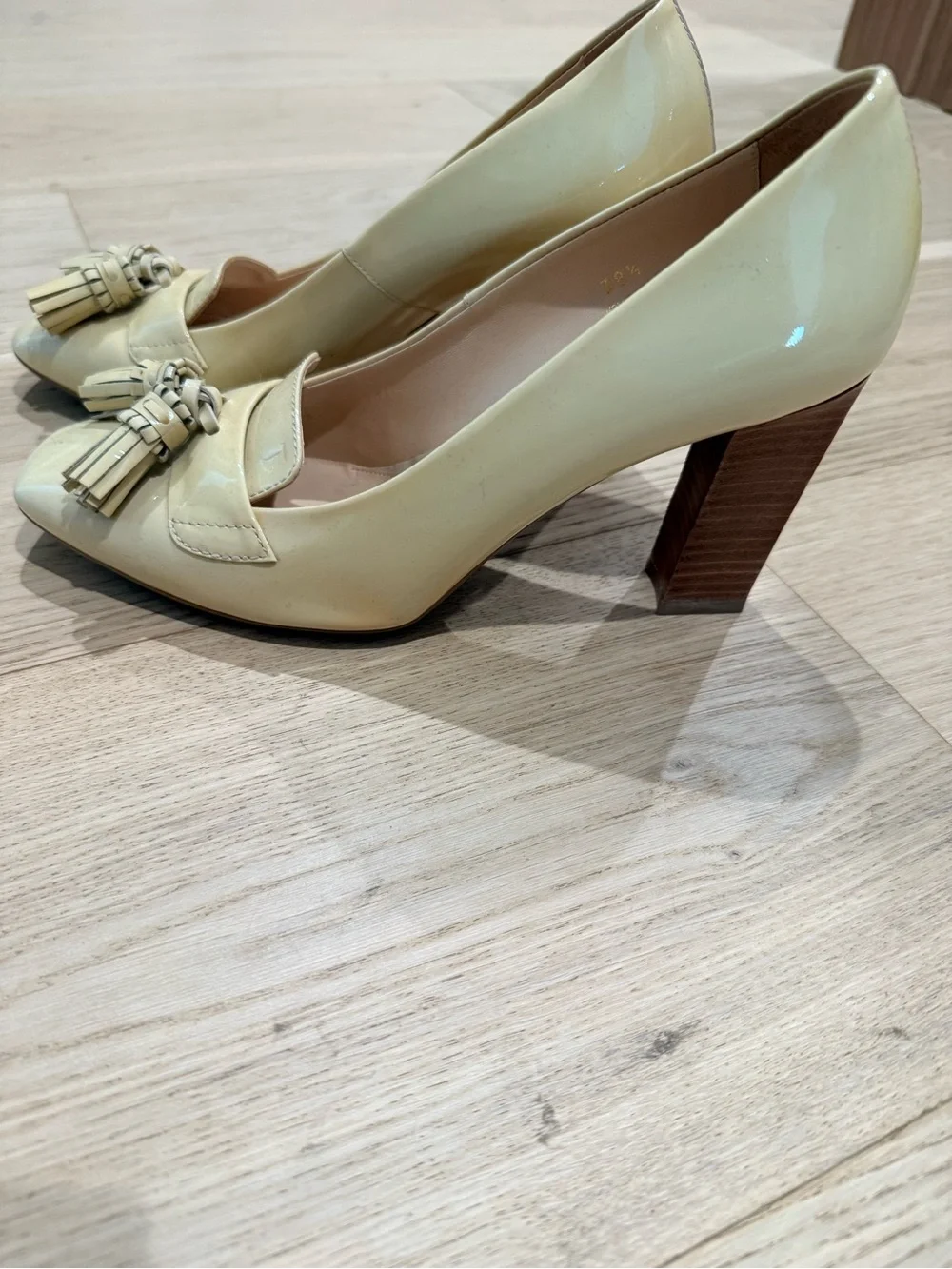 Tod's Cream Patent Leather Tassel Block Heels